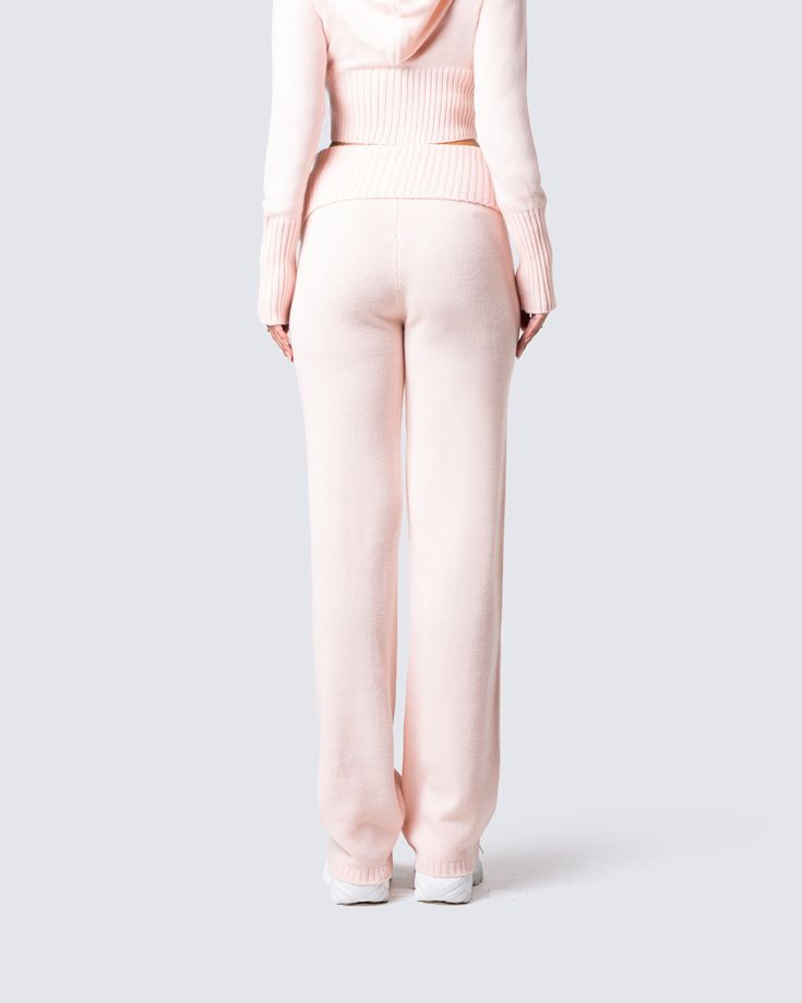 An effortless slay 💓 With a unique and elevated look, these knitted pants feature a ribbed top edge, wide leg, and tab detail for a relaxed and stylish design. They couldn't compete with you even on your casual days 😌 Winter Loungewear Wide Leg Pants, Casual Wide Leg Pants With Ribbed Cuffs, Fitted Pants With Ribbed Cuffs, Spring Lounging Ribbed Pants, Chic Loungewear Bottoms For Winter, Casual Pink Knit Bottoms, Loungewear High-waisted Pants With Ribbed Waistband, Chic Loungewear Pants With Ribbed Waistband, Chic Winter Loungewear Bottoms