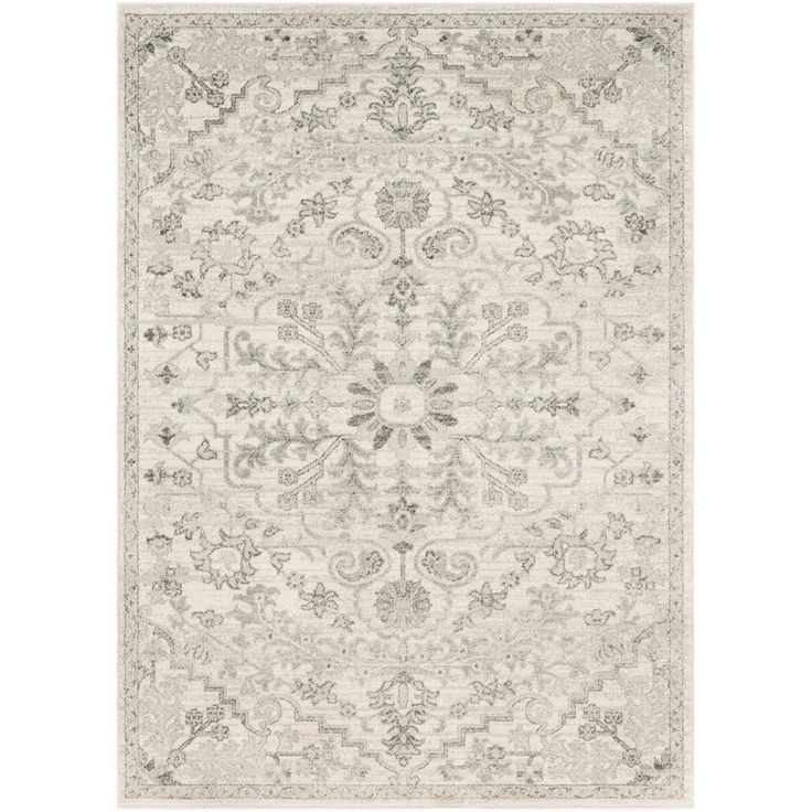 a white rug with an ornate design on the top and bottom, in grey tones