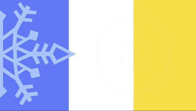 an image of a snowflake on the side of a flag with blue, yellow and white stripes