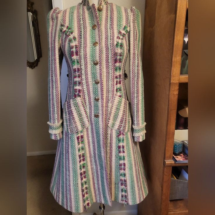 Most Beautiful Piece I've Ever Owned. Looks Like Royalty. No Brand/Size Tag Light Pink Lining With Butterflies Gold/Black Buttons Throughout Fits Xs-S Send Questions Tweed Coat, Vintage Jackets, Vintage Jacket, Black Button, No Brand, Vintage Pink, Gold Black, Size Tag, Pink And Green