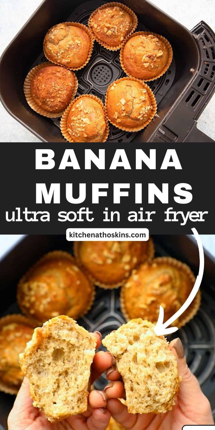 banana muffins in an air fryer with text overlay