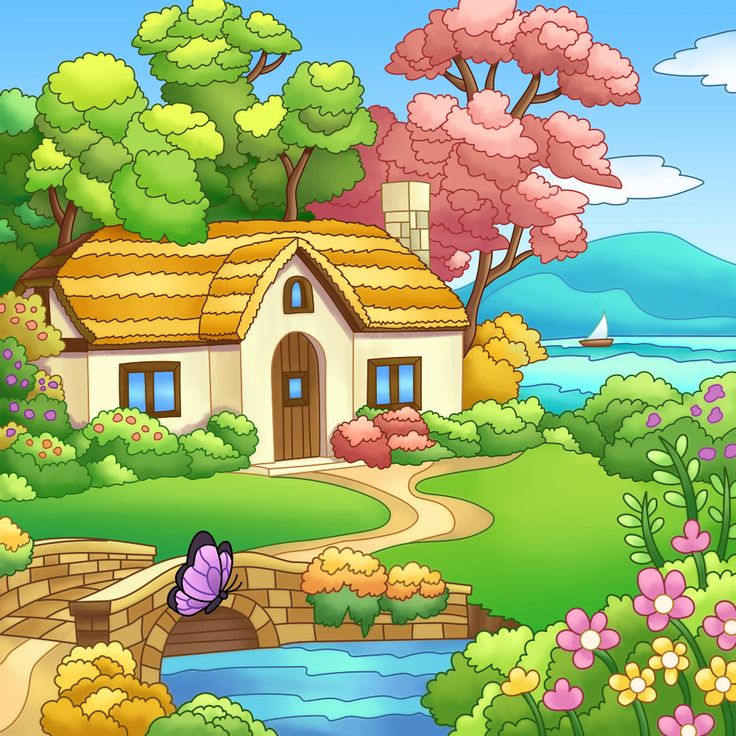 a house with a bridge and flowers in the foreground is surrounded by trees, bushes, and water