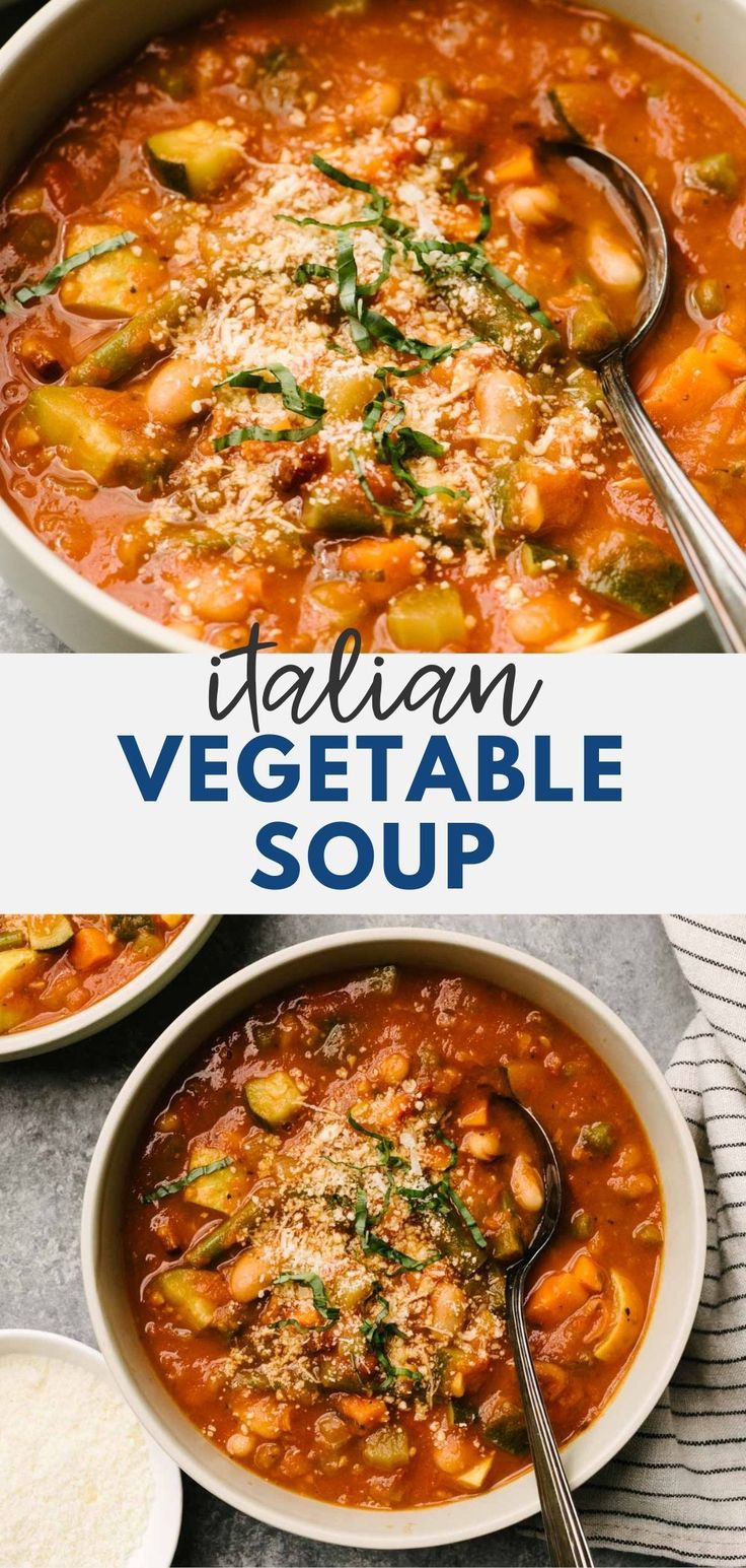 two bowls filled with italian vegetable soup