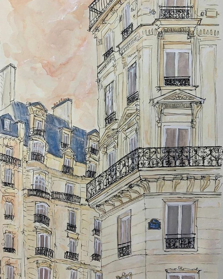 a drawing of an apartment building with balconies and balcony railings in paris