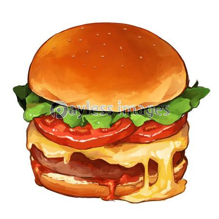 a drawing of a cheeseburger with hot dogs and ketchup on it