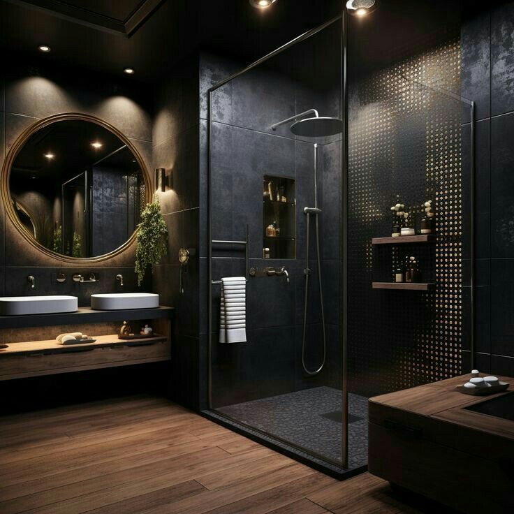 a bathroom with a shower, sink and mirror in it's dark color scheme