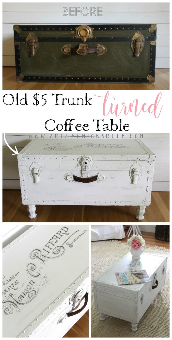 an old trunk turned coffee table with chalk paint and stencils on the bottom