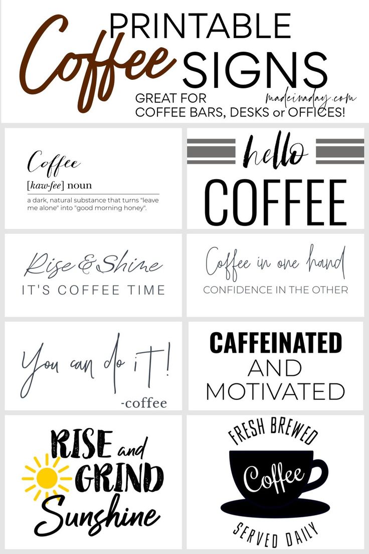 printable coffee signs with different types of lettering