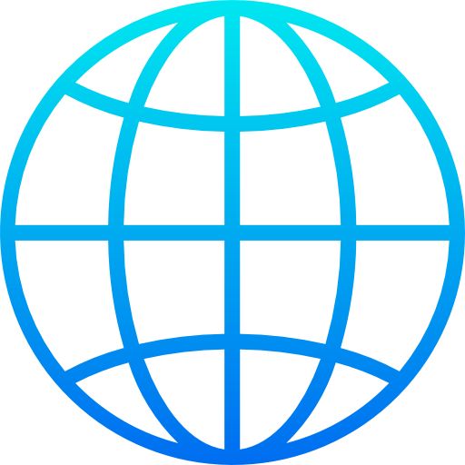 the globe logo is shown in blue on a white background, and it appears to be an icon