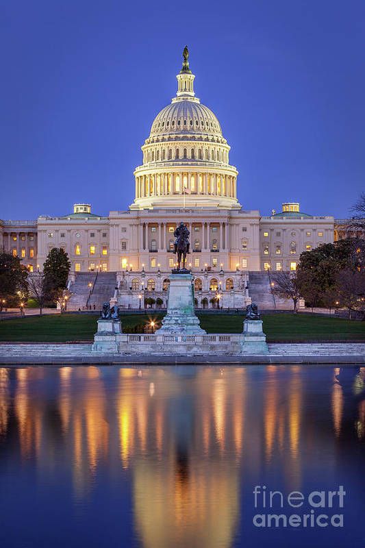 the capitol building lit up at night with reflecting water and trees in front of it