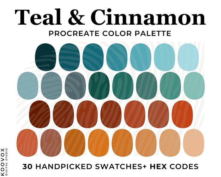 teal and cinnamon procreate color palette with 30 handpicked swatches - hex code