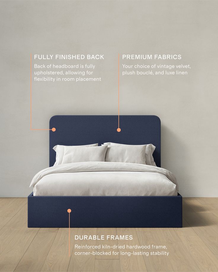 an image of a bed with information about the frame and pillows on it's headboard