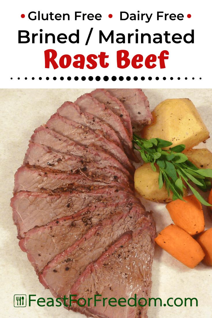 sliced roast beef, potatoes and carrots with text overlay that reads grilled / marinated roast beef