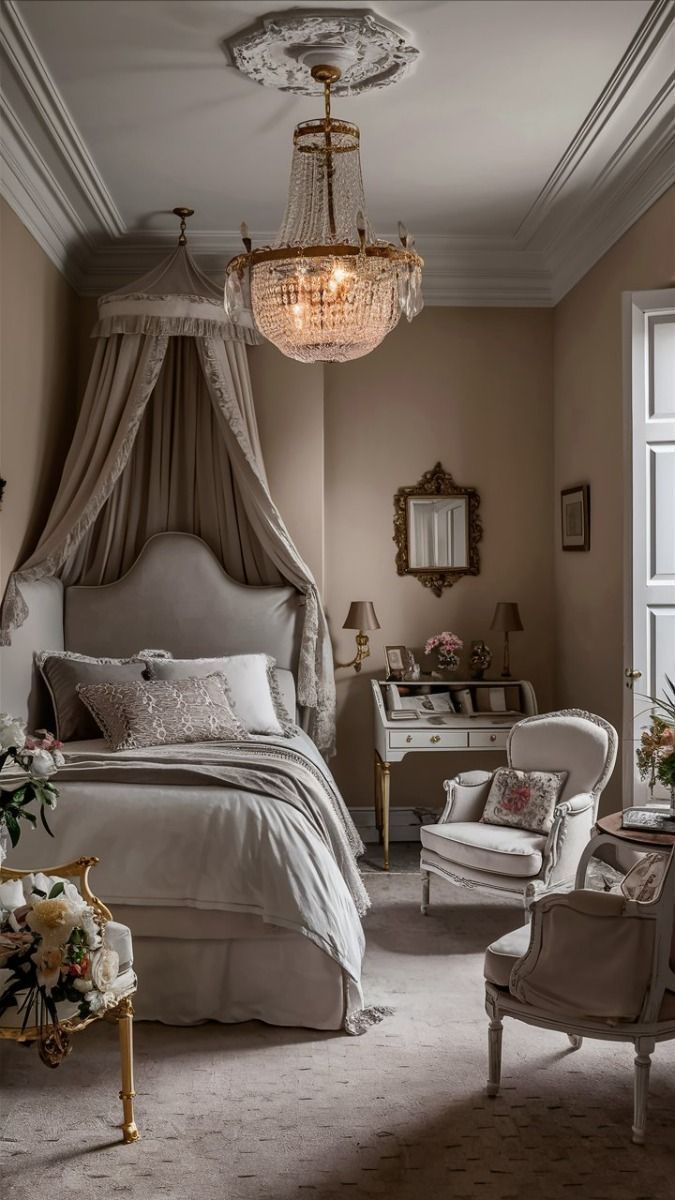 a bedroom with a bed, chair and chandelier hanging from it's ceiling