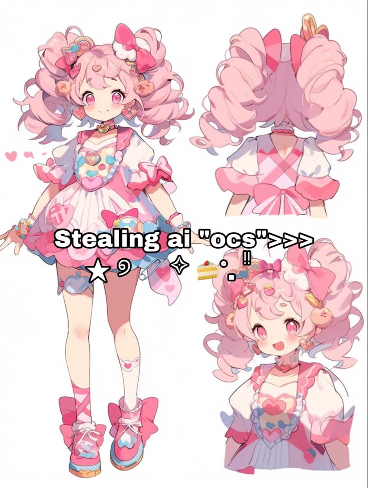 an anime character with pink hair and dress, in three different poses on the same page