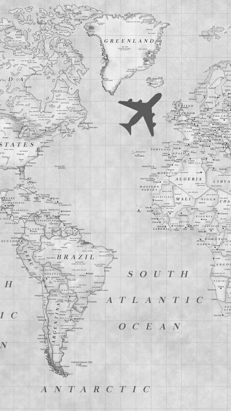 an airplane is flying over the map of the world in black and white, as well as words