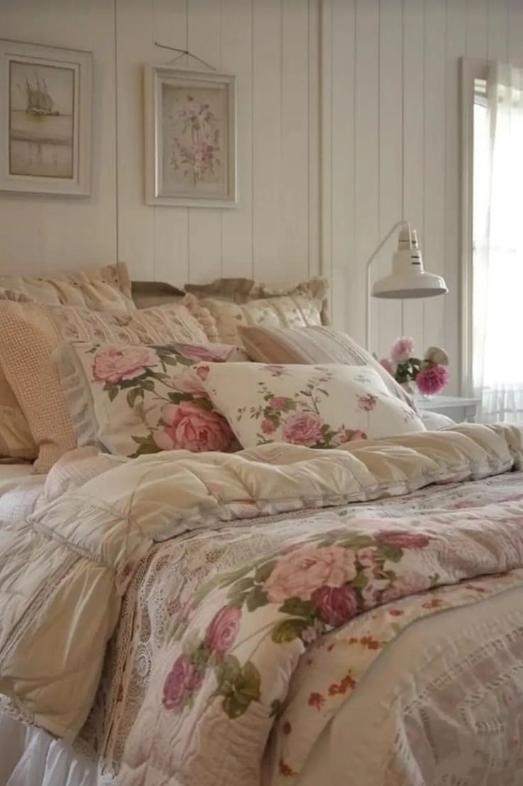 a bed with floral comforter and pillows in a white room next to a window