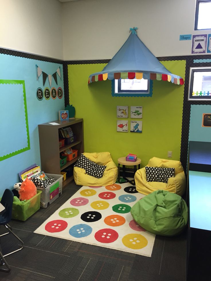 a child's playroom with bean bag chairs