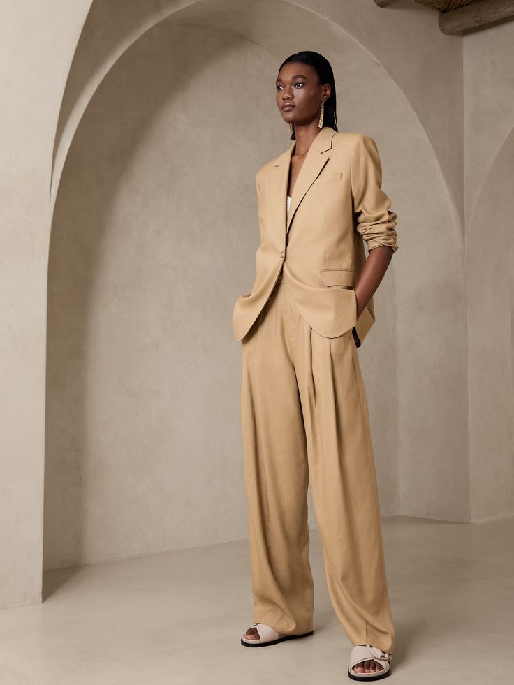 This relaxed blazer is crafted from drapey viscose rayon and luxurious linen for beautiful breathability, cut with relaxed proportions for modern, and at-ease elegance, no matter the occasion.  RELAXED FIT: Expertly cut for a loose fit.  Strong shoul Elegant Luxury Linen Pantsuit, Luxury Linen Pantsuit With Notch Lapel, Elegant Summer Blazer In Relaxed Fit, Tailored Notch Lapel Linen Pantsuit, Banana Republic Suits Women, Luxury Beige Unstitched Women's Suit, Linen Pants Suit, Coordinates Outfits, British Khaki