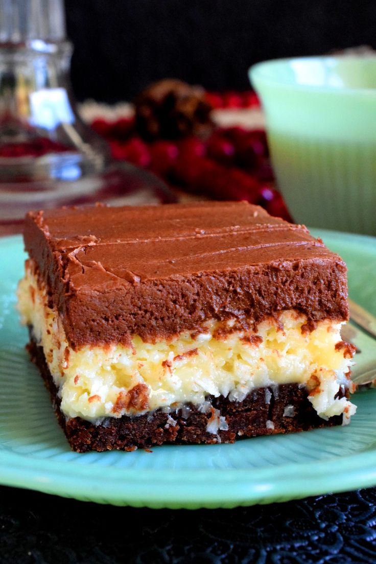 a piece of cake sitting on top of a green plate