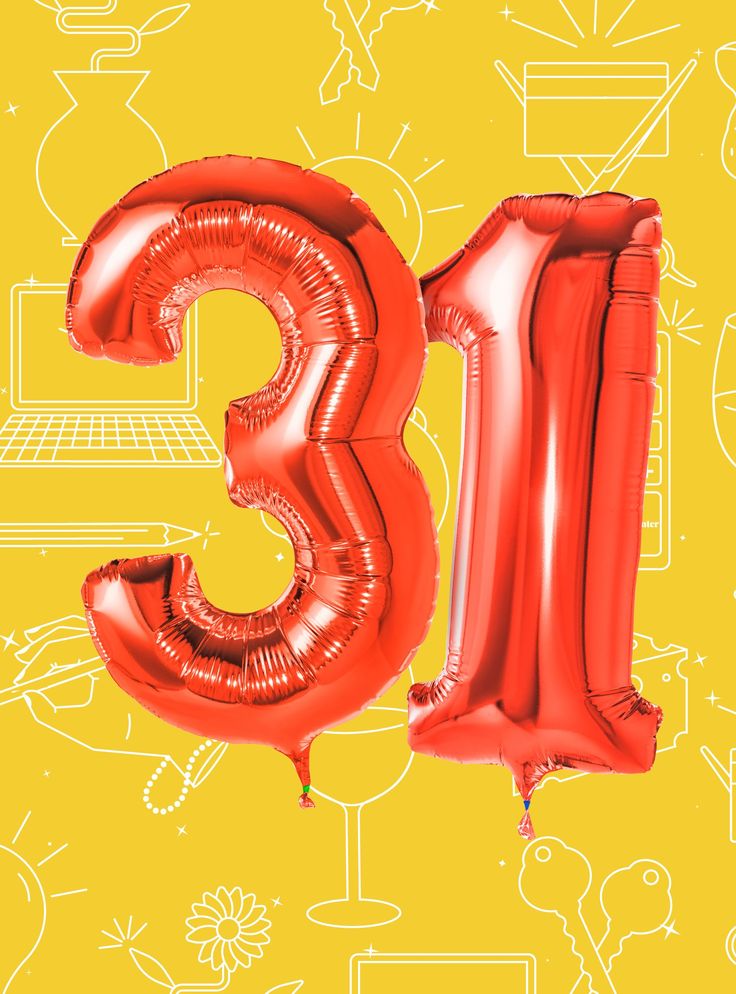 the number thirteen is made out of red foil balloons and sits in front of a yellow background