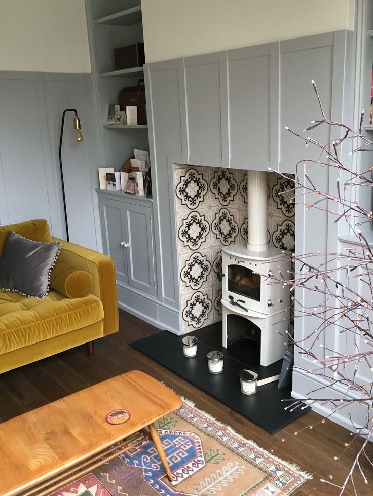 a living room filled with furniture and a fire place in the middle of it's wall