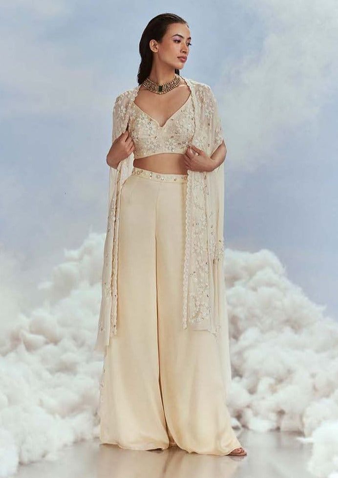 Nachiket Barve-Beige Chiffon Cape And Palazzo Set-INDIASPOPUP.COM Palazzo Outfit, Long Skirt Top Designs, Aashni And Co, Cape Set, Chiffon Cape, Embroidered Cape, Indian Luxury, Traditional Indian Dress, Crop Top Designs