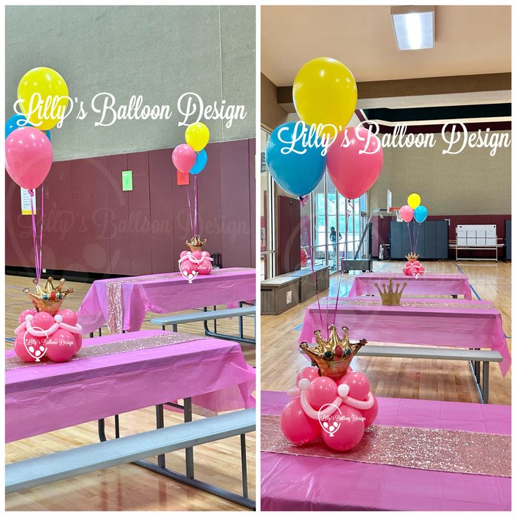 two pictures of tables with pink and yellow tablecloths, balloons in the shape of princess crowns