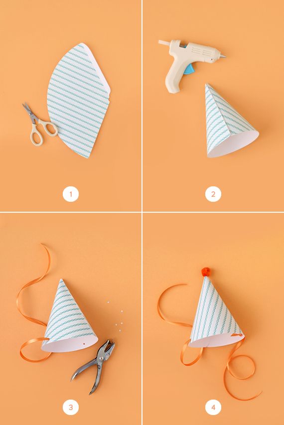 four pictures showing how to make a paper party hat with scissors and glue on an orange background