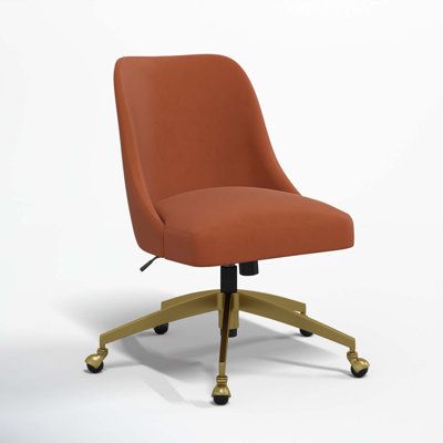 an orange office chair with wheels and casteors on the back, against a white background