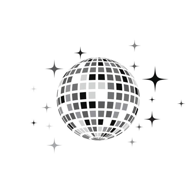 a black and white disco ball with stars around it