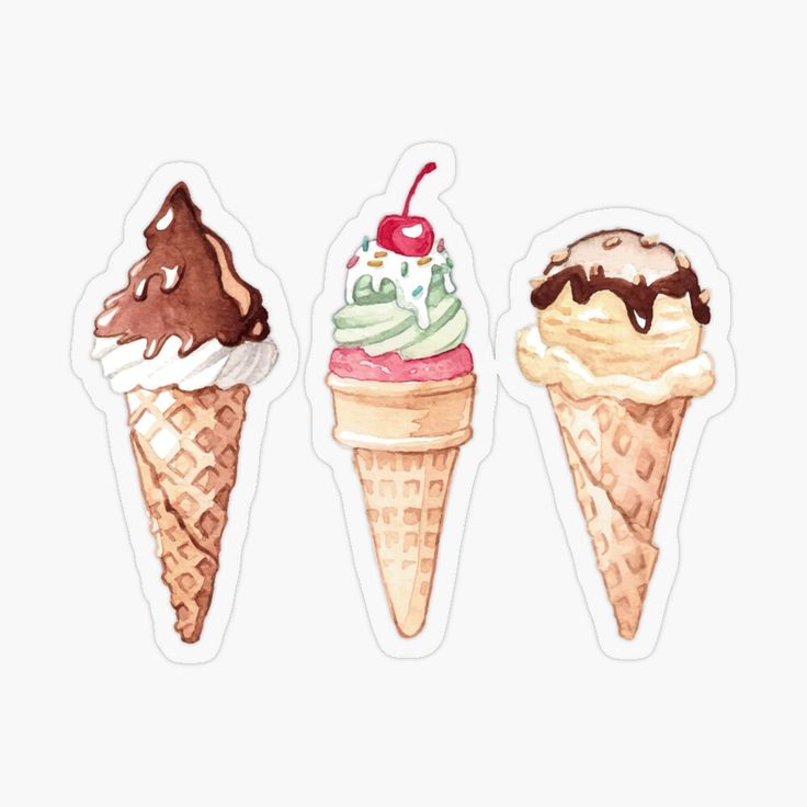 three ice cream cones with chocolate, vanilla and cherry toppings stickers on white background