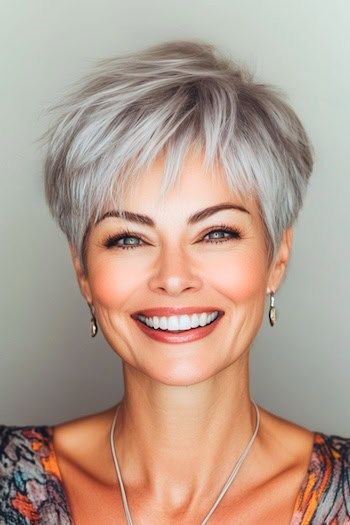 Save this pin for the best pixie hairstyles with bangs. Here's a fun, flirty style that's all about the texture. This textured pixie embraces the natural beauty of gray hair. Short Grey Hair With Bangs, Short White Hair With Bangs, Pixie With Bangs Over 40, Pixie Hairstyles With Bangs, Short Wavy Hairstyles For Women Over 60 Grey Hair, Pixie Haircuts With Bangs, Short Hair Cuts For Fine Hairfor Women Over 60, Creative Haircuts, Short Stacked Hair