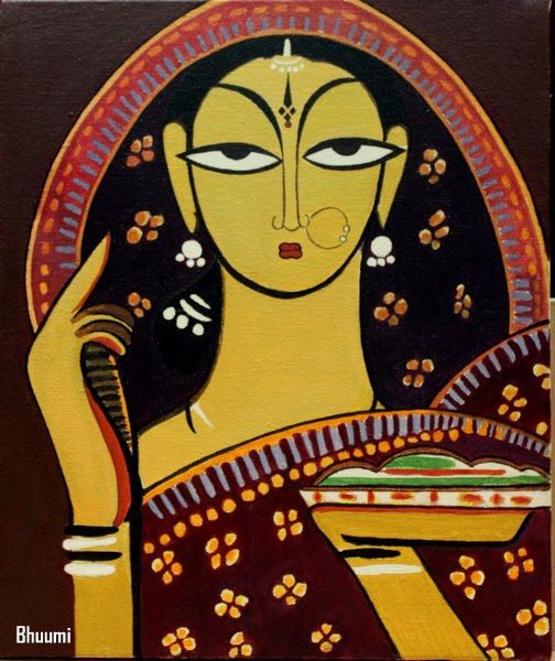 a painting of a woman holding a tray with food on it