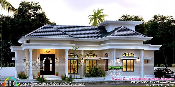 a small white house with a black door and windows on the front, surrounded by greenery