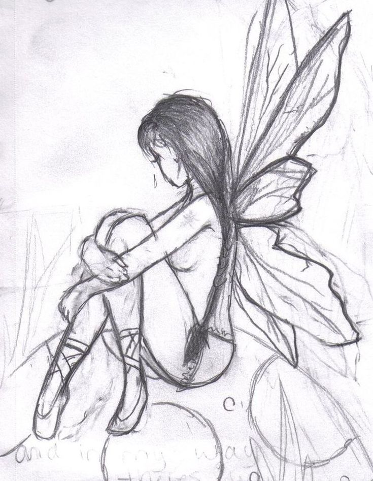 a pencil drawing of a fairy sitting on the ground