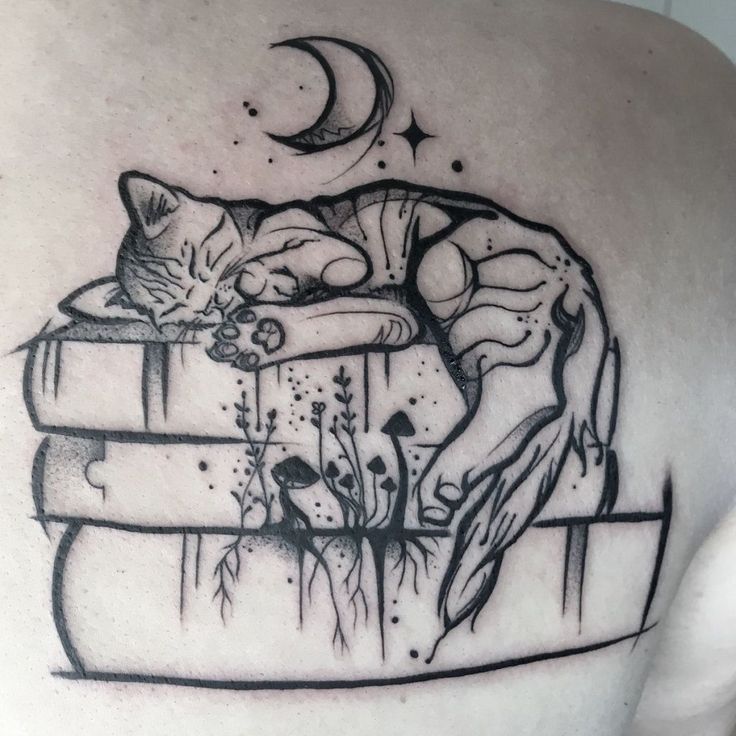 a man's back with a cat sleeping on top of books and the moon above him