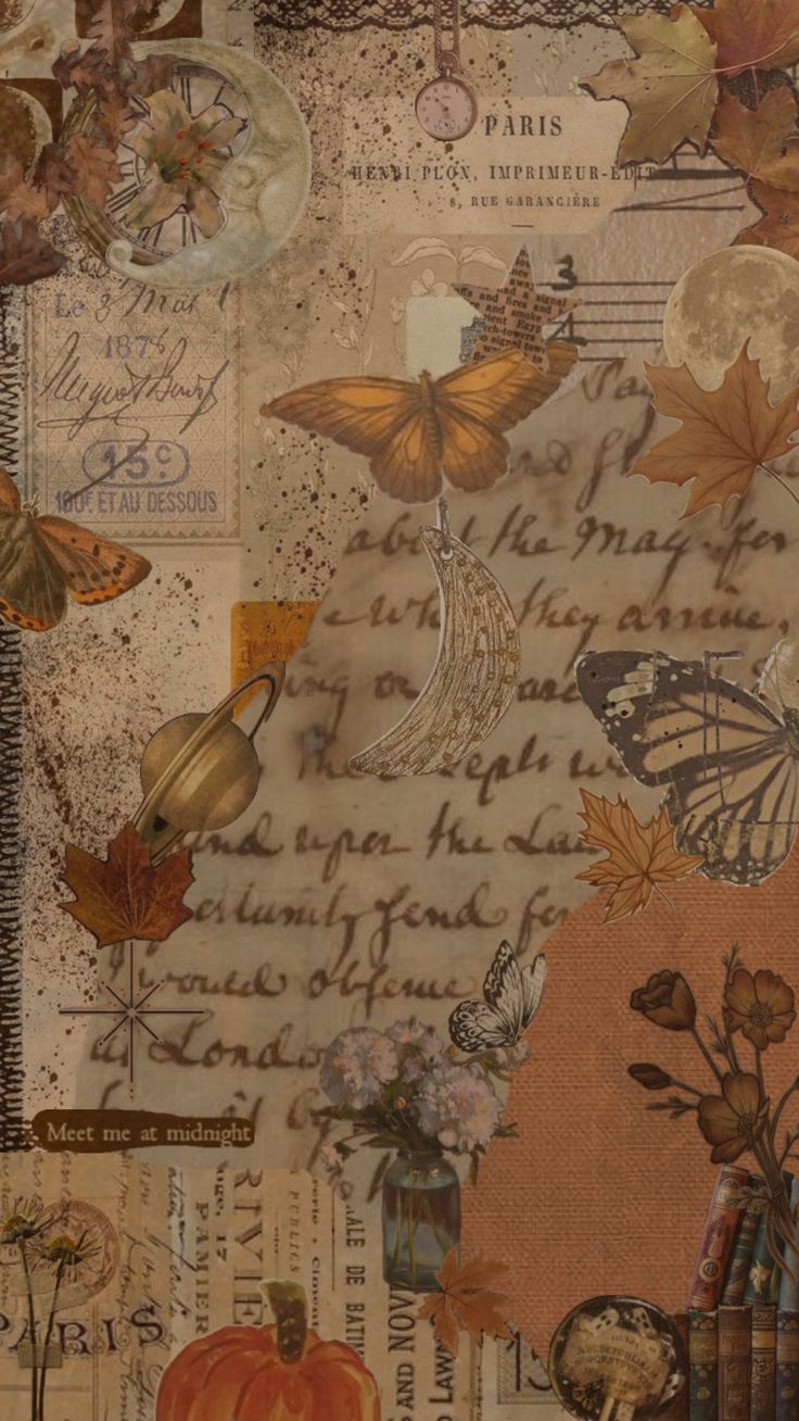 an altered collage with butterflies, flowers and leaves on it's paper background