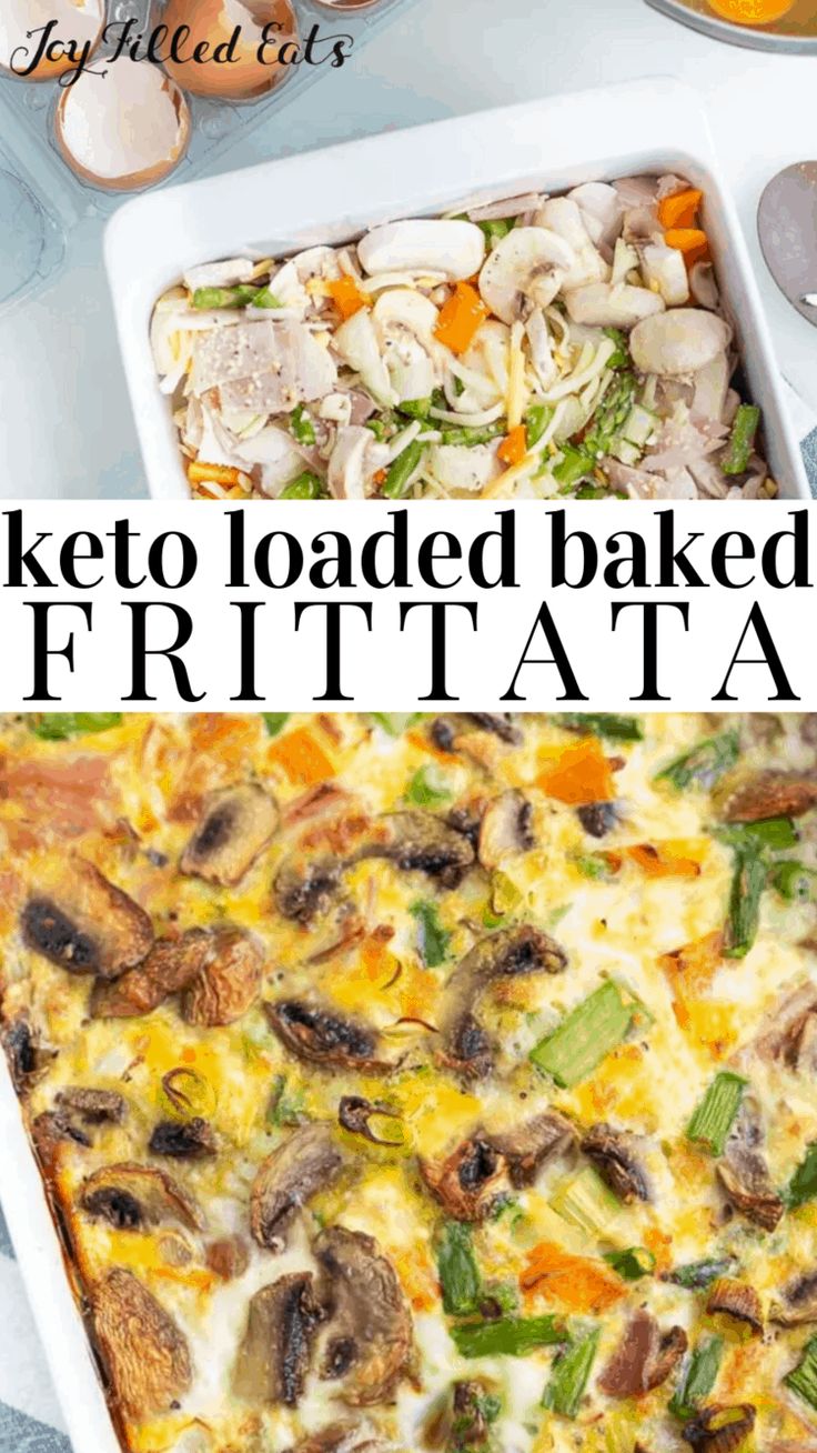 a casserole dish with meat and vegetables in it, next to the words keto loaded baked frittata