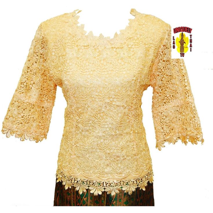 Traditional Thai Laos Lace Blouse Light Yellow Traditional Fitted Evening Tops, Formal Long Sleeve Blouse With Scalloped Lace, Elegant Festive Lace Blouse Piece, Elegant Short Sleeve Wedding Blouse Piece, Elegant Formal Blouse With Short Sleeves, Formal Fitted Blouse With Scalloped Lace, Elegant Formal Short Sleeve Blouse Piece, Elegant Short Sleeve Formal Blouse Piece, Elegant Formal Short Sleeve Blouse