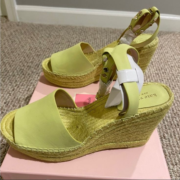 Questions? Leave A Comment Below! Chic Round Toe Wedge Sandals For Vacation, Yellow Summer Wedge Sandals With Open Heel, Chic Yellow Leather Wedge Sandals, Spring Wedge Sandals With Branded Insole And Flat Heel, Yellow Wedge Sandals For Summer, Yellow Heel Strap Wedge Sandals For Summer, Chic Spring Platform Wedge Sandals, Spring Wedge Sandals With Heel Loop, Summer Wedge Sandals With Heel Strap For Spring