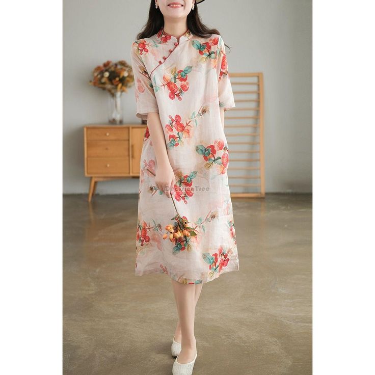 2024 new chinese style traditional cheongsam dress vintage qipao dress oriental style floral cotton Fitted Floral Print Cheongsam With Short Sleeves, Cotton Stand Collar Summer Dress, Spring Floral Print Cheongsam, Cotton Summer Dress With Stand Collar, Fitted Summer Cheongsam With Floral Embroidery, Fitted Short Sleeve Floral Cheongsam, Fitted Floral Embroidery Cheongsam For Summer, Summer Floral Embroidered Fitted Cheongsam, Summer Fitted Floral Embroidery Cheongsam