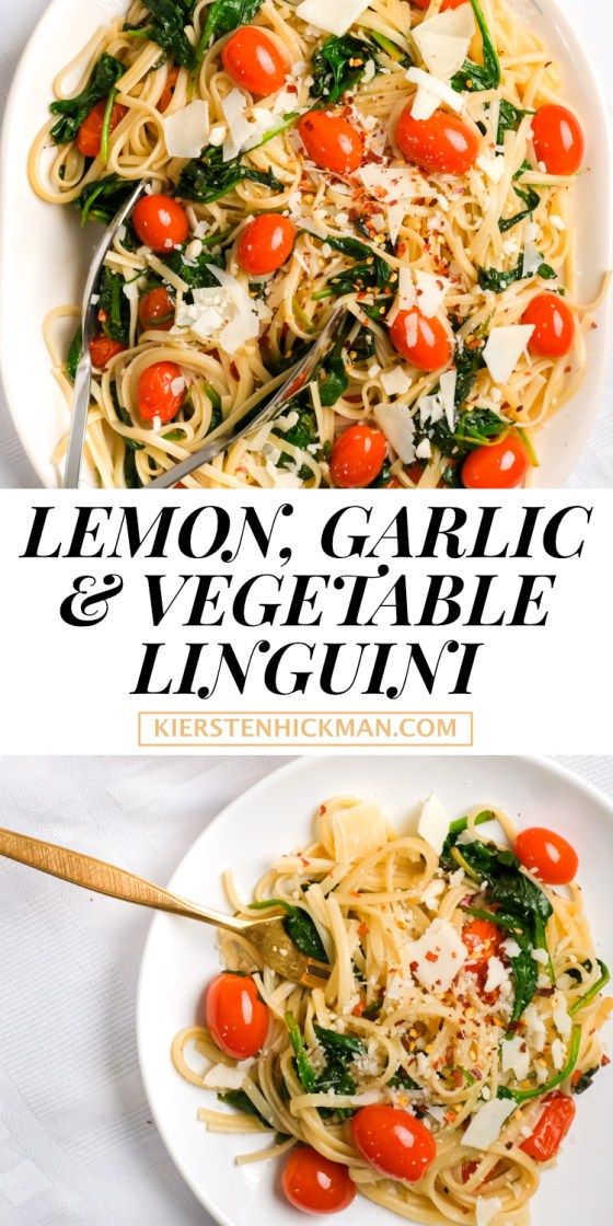 lemon garlic and vegetable linguint with tomatoes, spinach and parmesan cheese