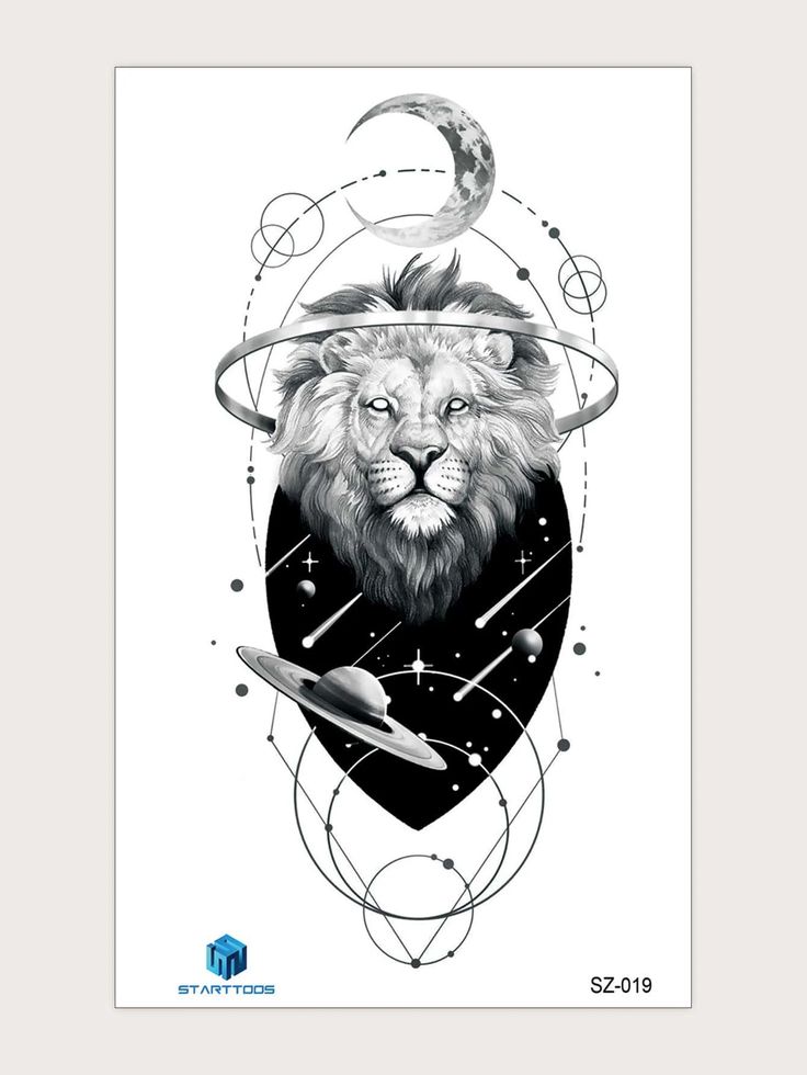 a drawing of a lion with planets and stars on it's head, surrounded by lines