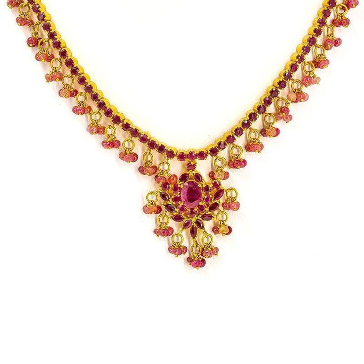 22K Gold Necklace and Earrings Set W/ Rubies - Virani Jewelers Traditional Single Strand Jewelry For Wedding, Hallmarked Dangle Jewelry For Celebration, 22k Gold Pendant Necklace For Formal Occasions, Ceremonial Temple Jewelry Necklace With Matching Earrings, Elegant Red Temple Necklace For Formal Occasions, Celebration Yellow Gold Ruby Necklace, Formal Ruby Necklace With Hallmark, Formal Temple Jewelry With Dangle Design, Ruby Hand Set Necklaces For Celebration