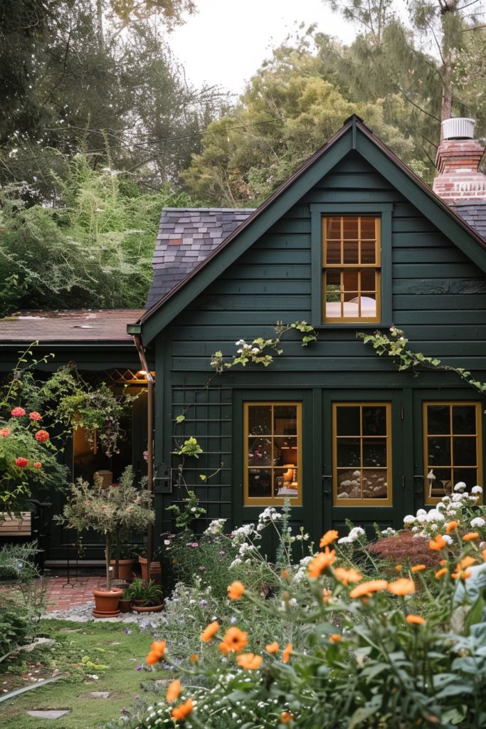 a small green house with lots of flowers in the front yard and trees behind it