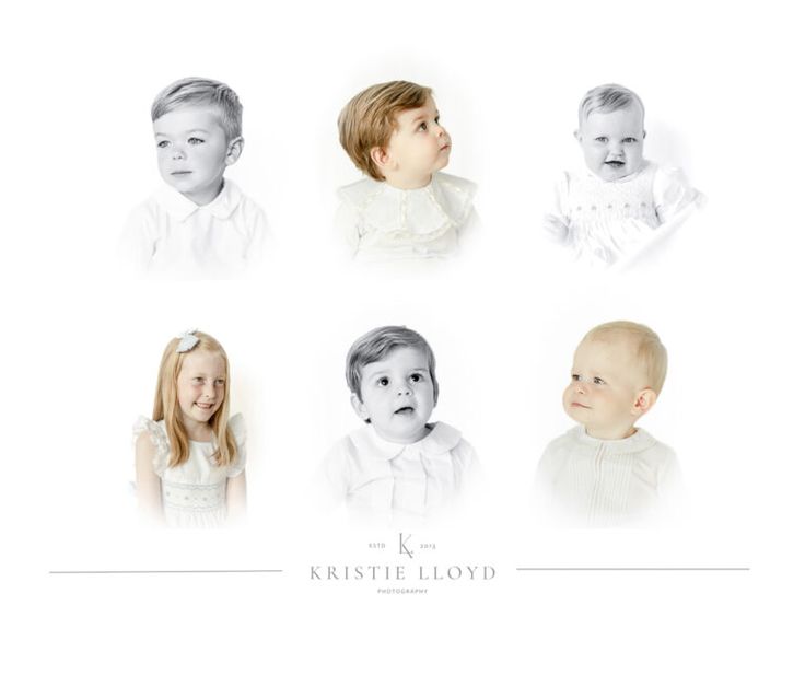 a series of portraits of young children in white clothes, with the words kristie lloyd above them