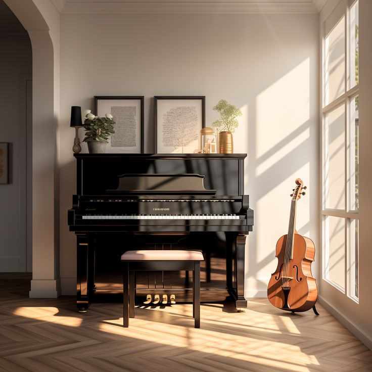 an upright piano sits in front of a window with a violin on the floor next to it