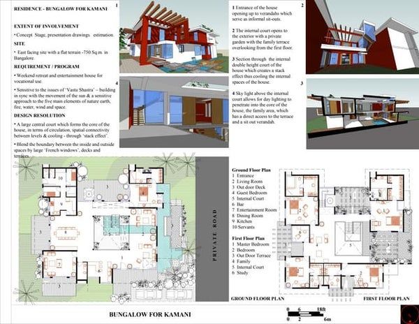 the floor plan for this modern house is shown in red and white, with three different levels