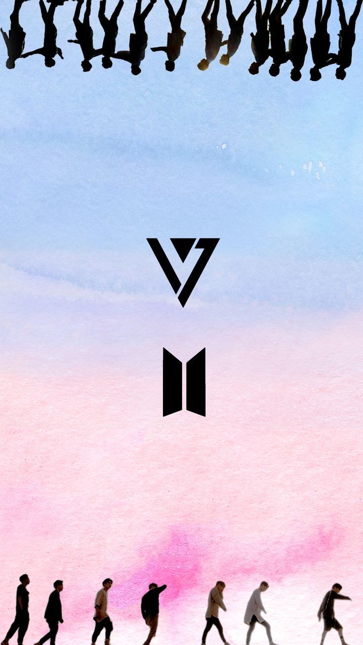 a group of people walking across a pink and blue sky with the words v on it